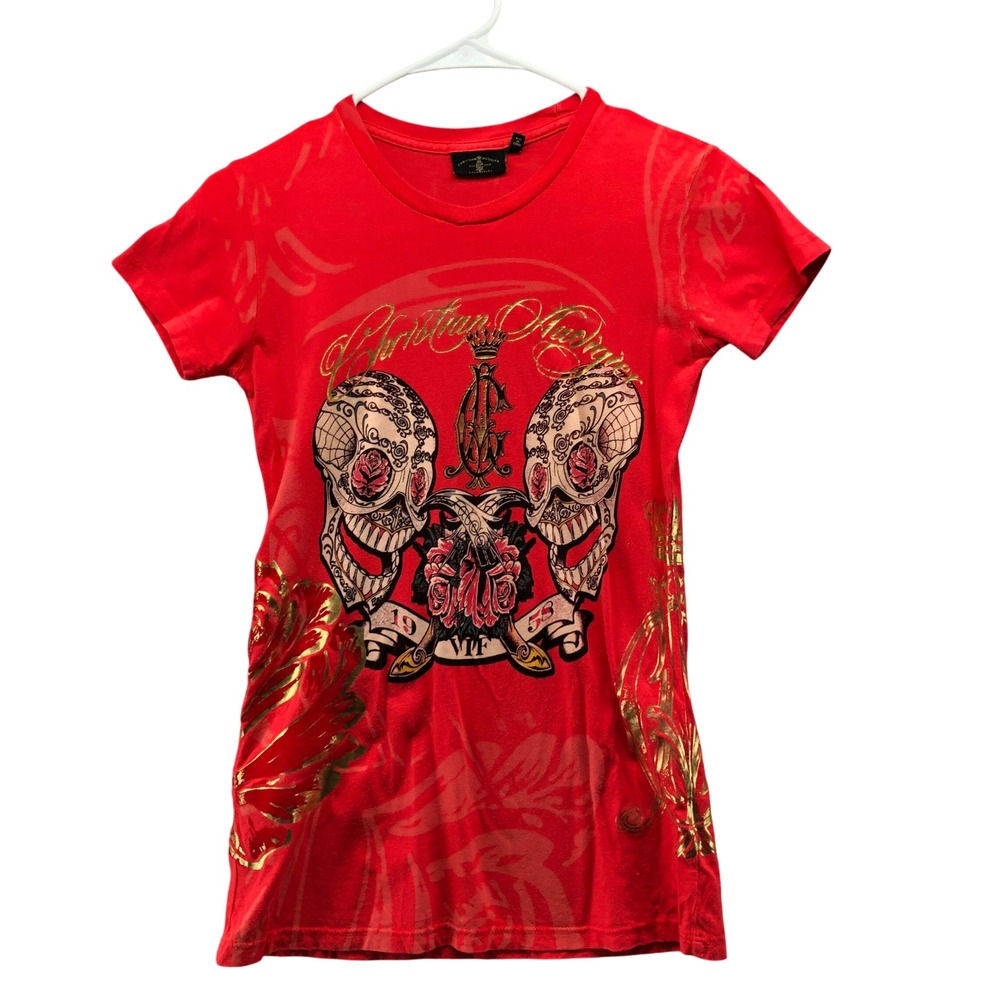 Christian Audigier Vintage Y2K Skull & Rose Graphic Tee Short Sleeve Red Gold